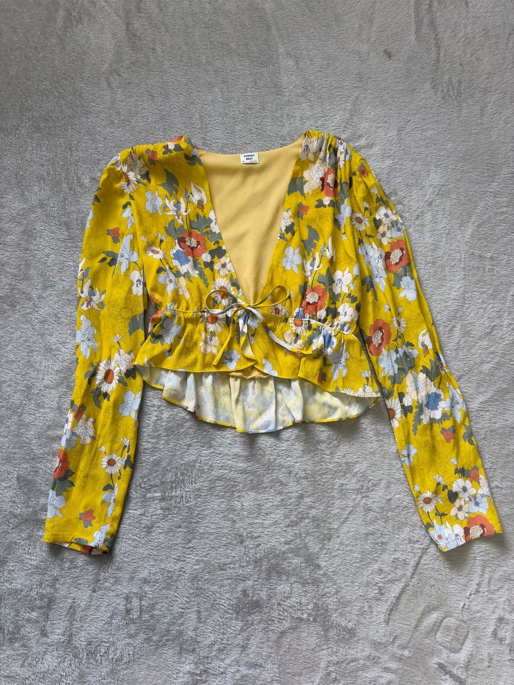 Sunday Best by Aritzia Yellow Floral Tie-Front Cropped Blouse